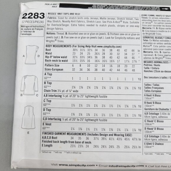 Simplicity 2283 Misses Knit Tops Vest Sewing Pattern Size R5 14-22 UNCUT - Picture 5 of 5